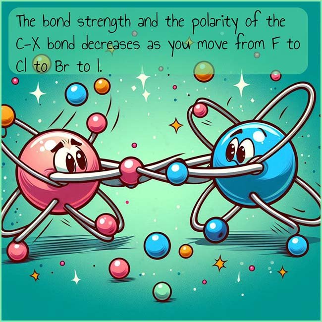 Cartoon image to show that bond strength and bond polarity are the two factors affecting the rates of nucleophilic substitution reaction involving halogenalkanes